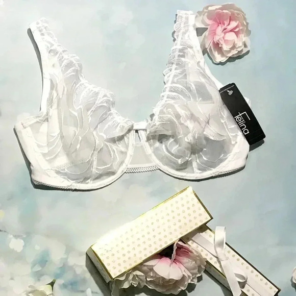 40C Felina 110040 Lana‎ Embroidered Unlined Plunge Bra White NWT - Picture 5 of 8